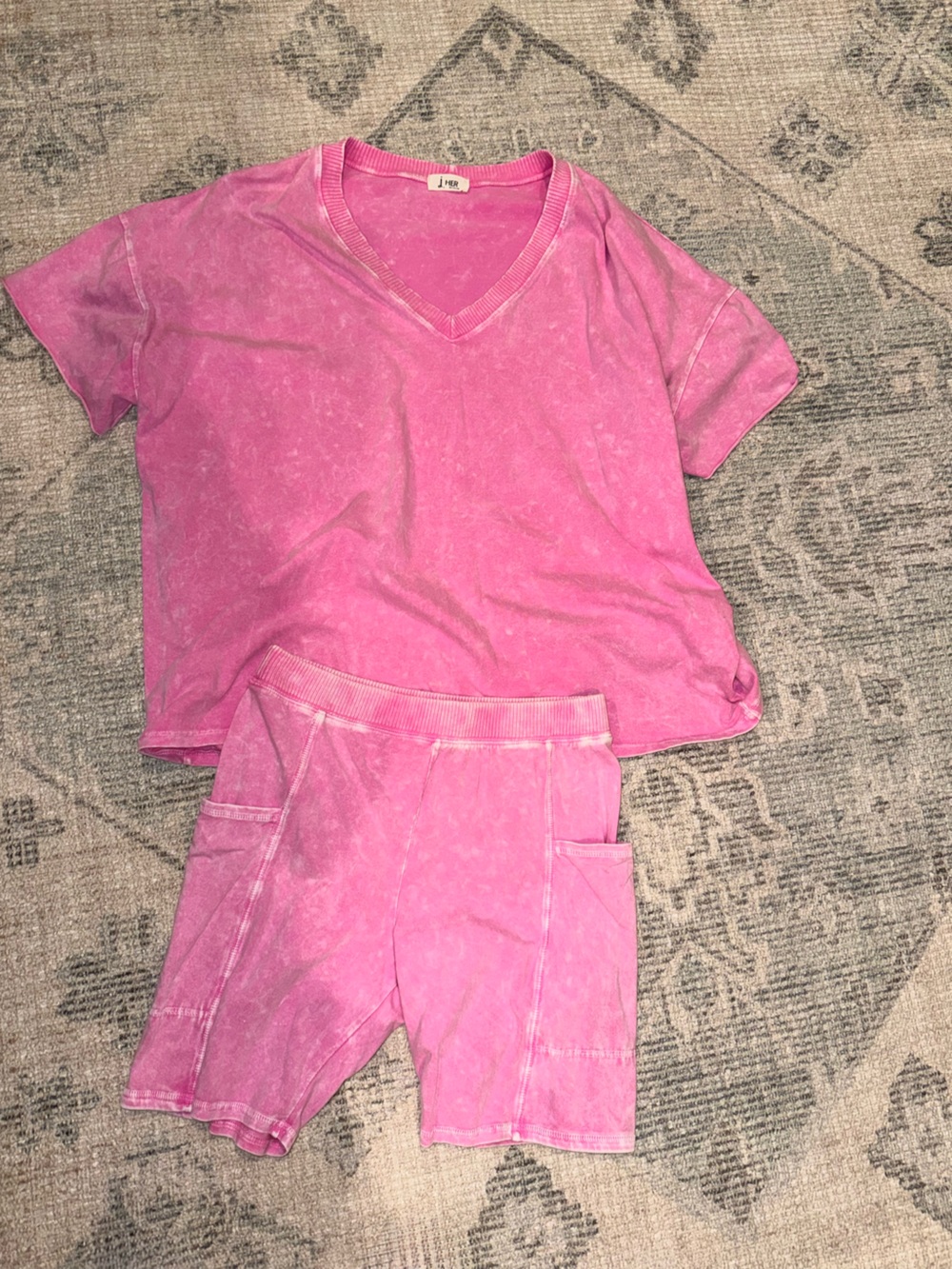 Women's Pink Bike Shorts Set - Soft V-Neck Tee & Biker Shorts